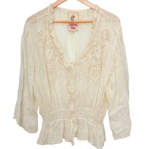 Johnny Was Floral Embroidered Bohemian Ruffle Lightweight Peasant Top. XXL.